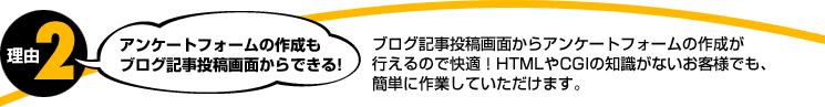 理由2。アンケートフォームの作成もブログ記事投稿画面からできる!ブログ記事投稿画面からアンケートフォームの作成が行えるので快適！HTMLやCGIの知識がないお客様でも、簡単に作業していただけます。