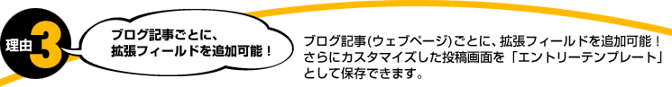 理由3。ブログ記事ごとに、拡張フィールドを追加可能！ブログ記事(ウェブページ)ごとに、拡張フィールドを追加可能！さらにカスタマイズした投稿画面を「エントリーテンプレート」として保存できます。