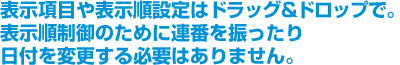 表示項目や表示順設定はドラッグ&ドロップで。表示順制御のために連番を振ったり日付を変更する必要はありません。