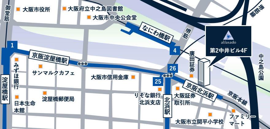 地図：大阪オフィスまでの道のりです。地下鉄堺筋線、京阪本線 北浜駅 26番出口を出たら左方向に進みます。そのまま道なりに約120メートル（約1分）進みます。1階の入り口にクリニックの看板があります。扉を手前に引いて開けてお入りください。まっすぐ進むと右手側にエレベーターのボタンがありますのでそこから4階にお越しください。