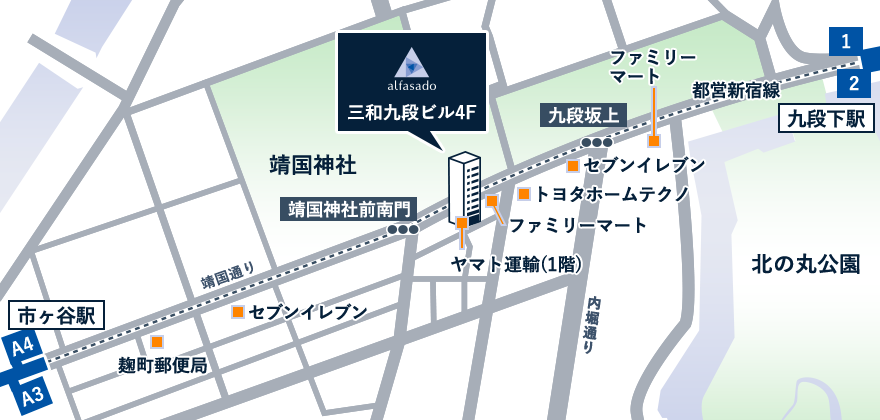 地図：東京オフィスまでの道のりです。九段下駅からの場合は、2番出口から出たらそのまま坂をあがって進みます。途中歩道橋があり道幅が狭くなります。駅から350メートル（約5分）ほど道なりに歩いていくと途中信号があります。信号を渡り120メートル（約1分）ほどすすんでいくと2つ目の信号があります。2つ目の信号を渡り100メートル（約1分）ほどすすむとビルの入り口があります。ドアを手前に引いてお入りください。正面にエレベーターがありますのでそこから4階にお越しください。