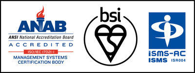 ISO/IEC 27001：2013 管理体制に関する ANAB、BSI、ISMS-AC 認定マーク